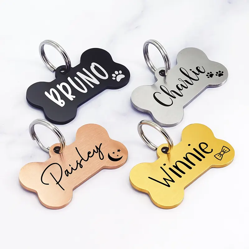 Etiqueta personalizada de nombre de perro cachorro, silenciador de acero inoxidable, Collar de grabado por sublimación, identificación de Nombre de mascota, etiqueta de hueso en blanco para perro