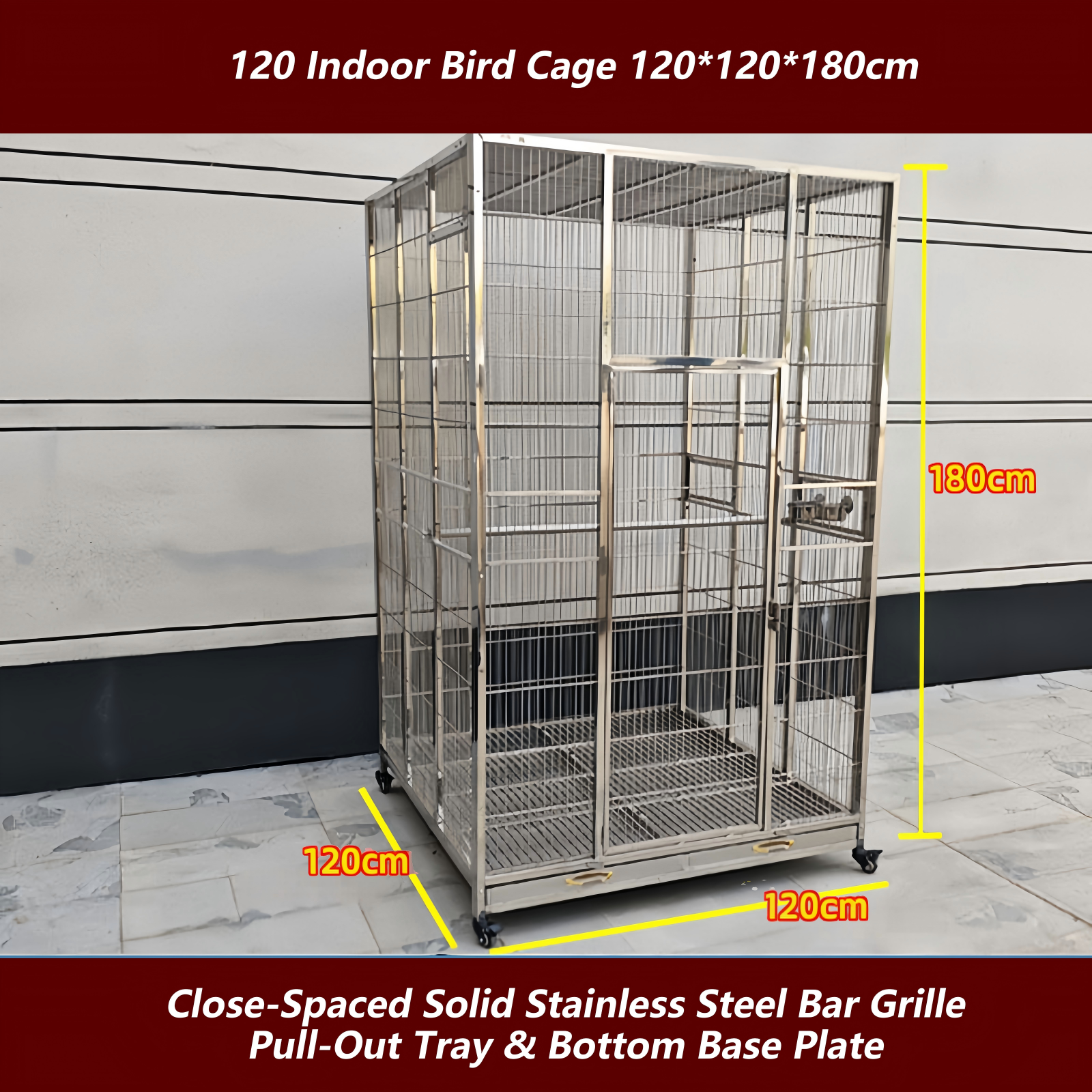 Cage à oiseaux d'intérieur argentée 120 120*120*180cm