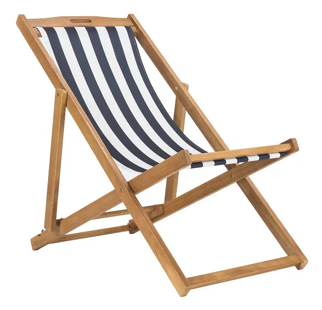 Cabestrillo plegable de madera maciza para exteriores, silla de lona Natural a rayas, color azul marino, para playa, novedad