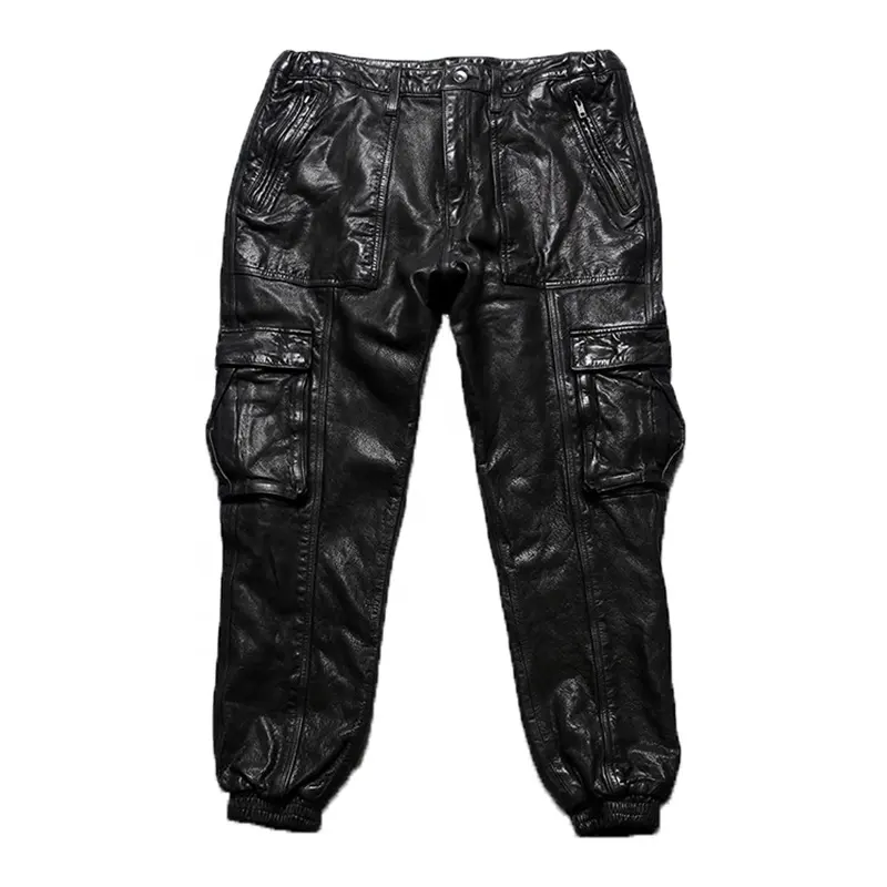 clothing manufacturers Elasticated windproof casual sports Unisex cow hide black moto genuine leather pants & trousers china