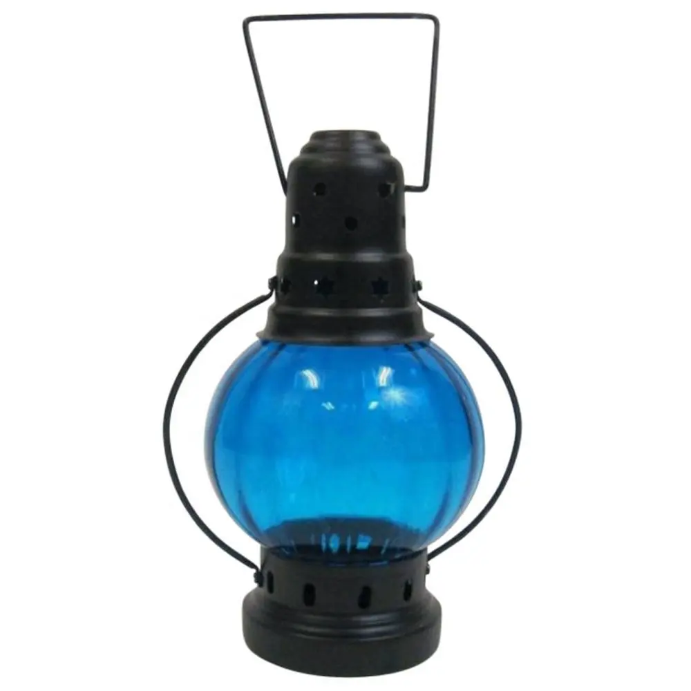 Linterna de vela de hierro de movimiento rápido con fabricante de vidrio azul mayorista venta directa de fábrica