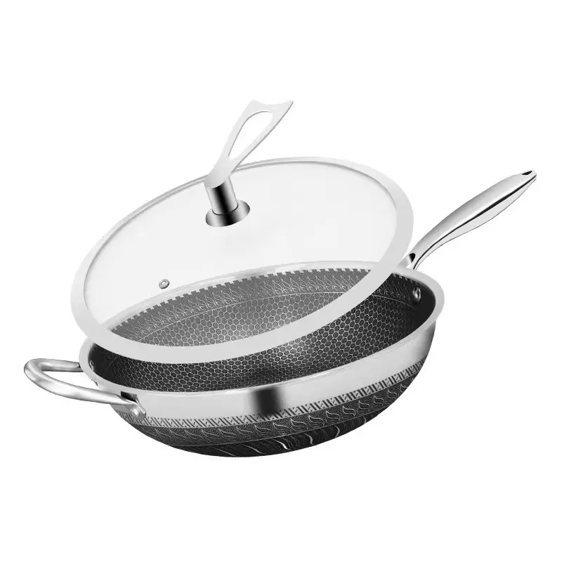 Hochwertiges Triple-Ply-Stahl Wok-Set mit Antihaft-Doppel-Friteuse-Design Glasdeckel einzelner Griff anwendbar für Induktionskocher