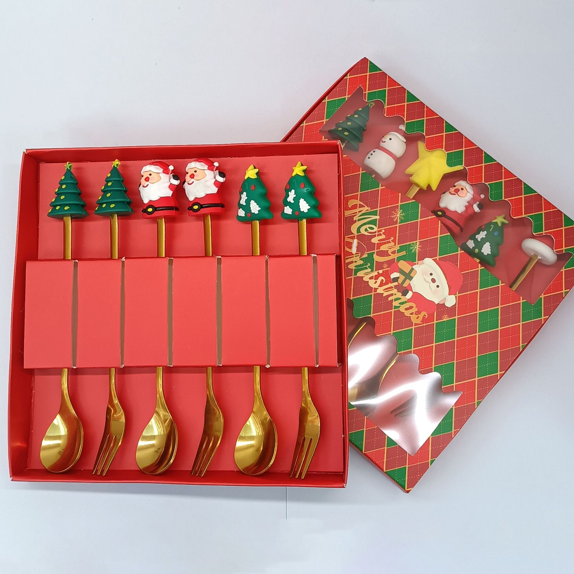 Ensemble de couverts (cuillère et fourchette) en forme de A, polis à la machine, couleur or - 6 pièces - Rouge Noël
