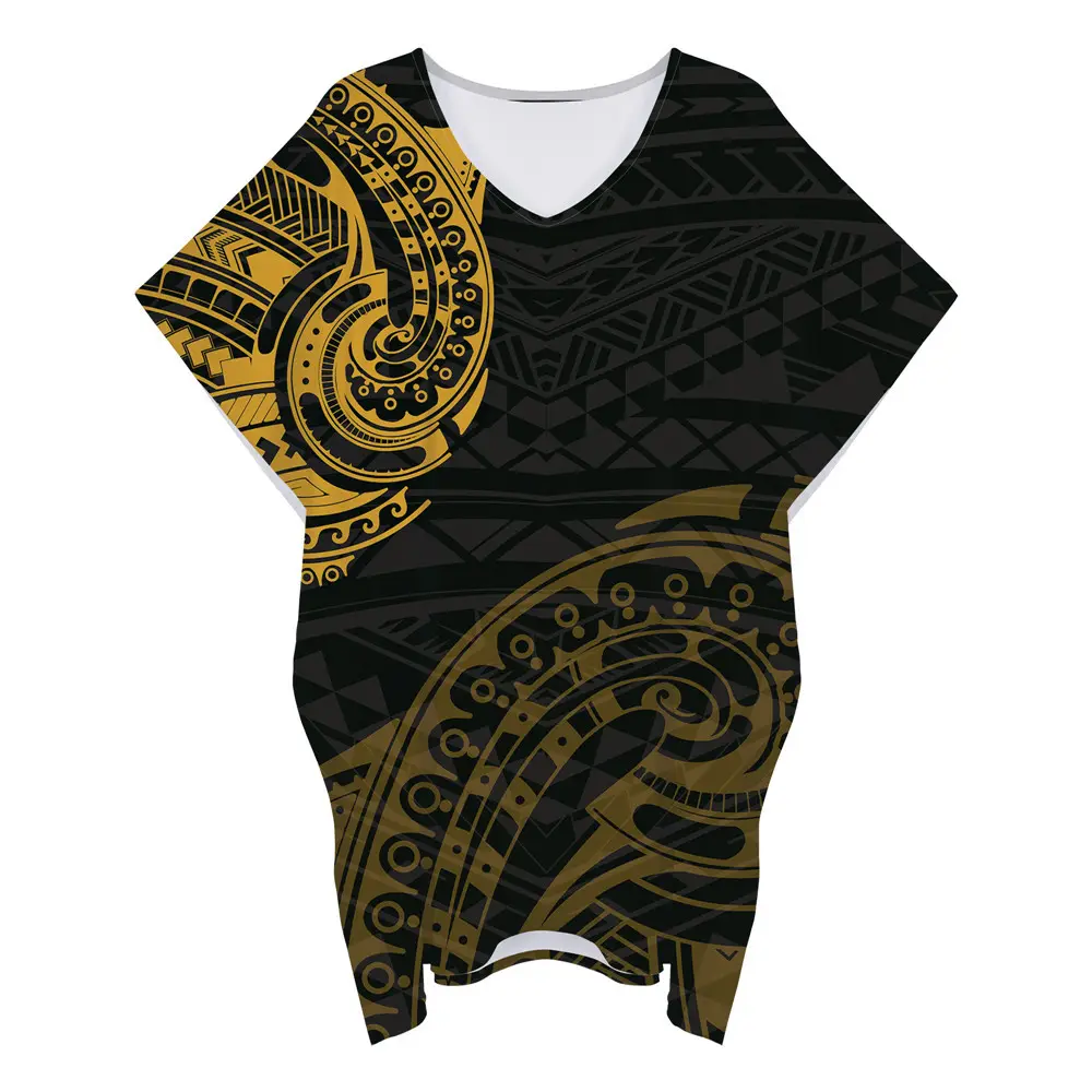 Black & Yellow Bat Sleeves Cheap Free Size Fit All Loose Ponchos Dress Polynesian Tribal Pattern Beach Casual Dresses For Women