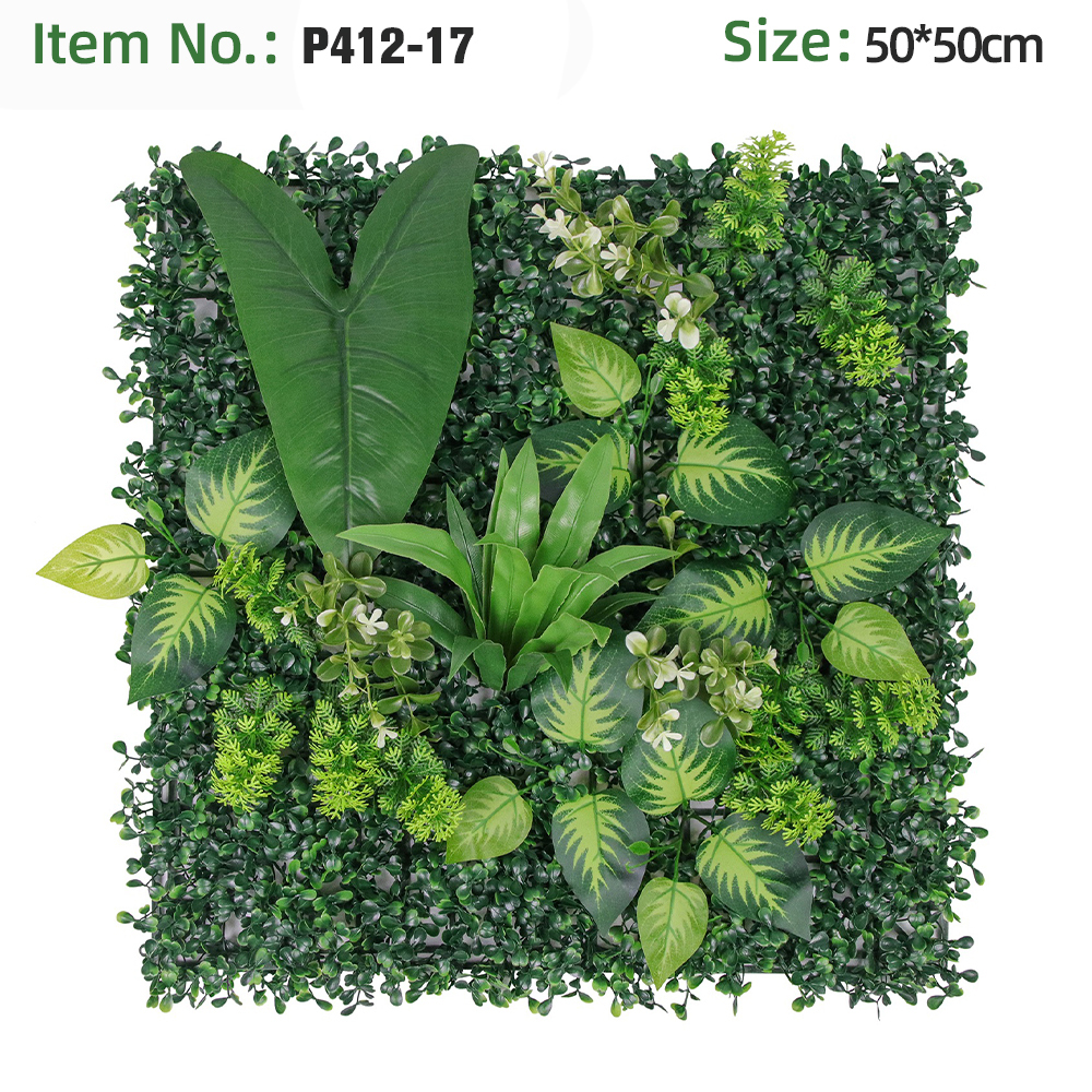 Panneau mural vert à grandes feuilles panachées et fleurs blanches