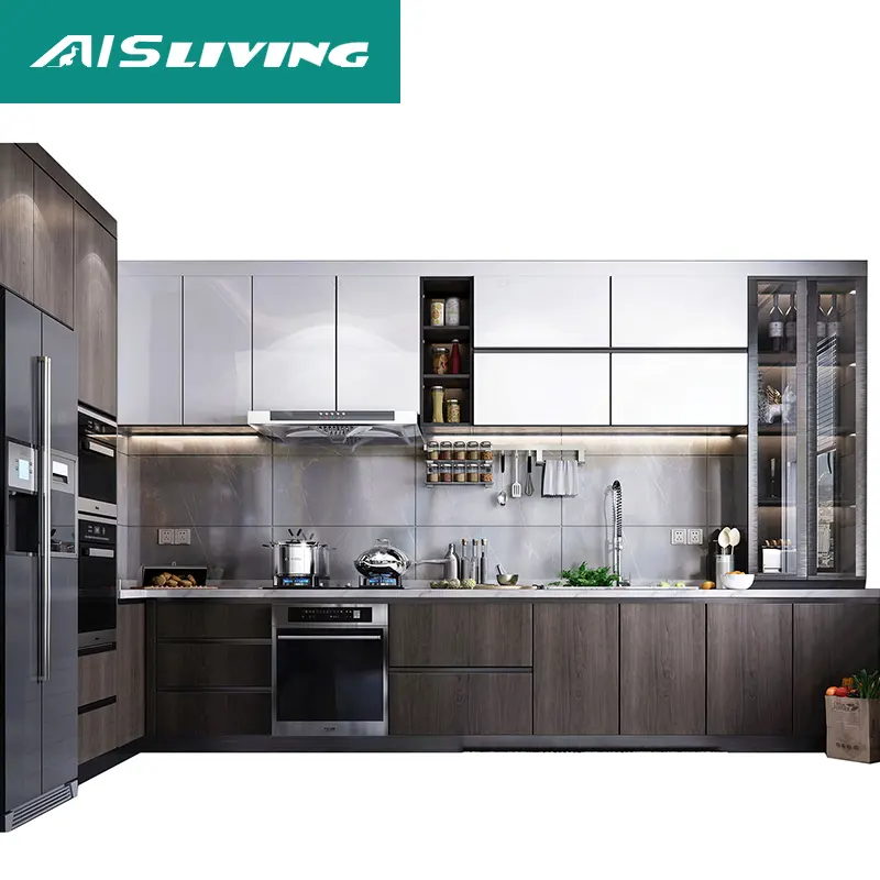 Clienti completi design contemporaneo unità italiane in alluminio Set mobili da cucina a forma di L neri mobili pronti da montare