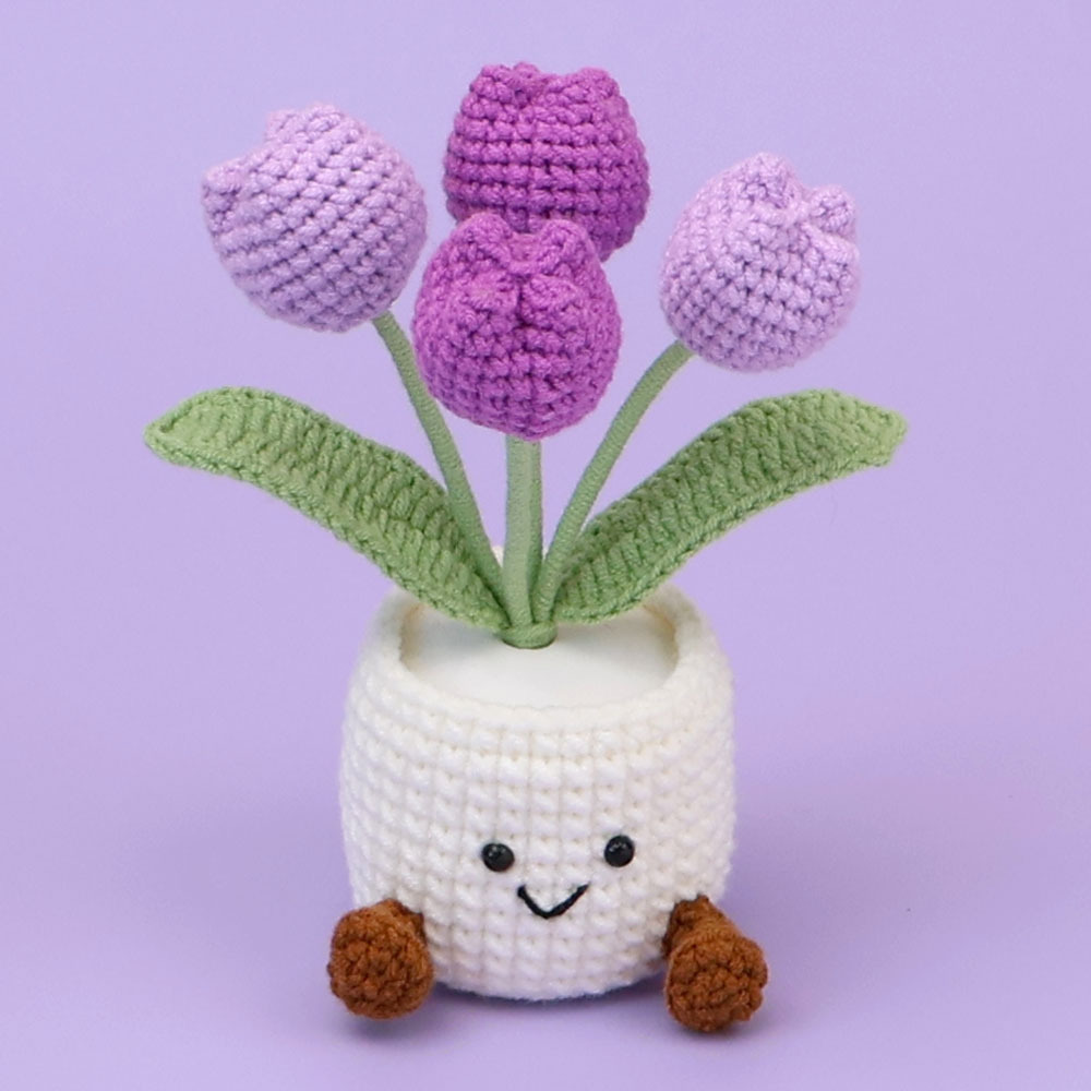 Pot de fil Snow cinq tulipes violettes-4 à bordure pelucheuse blanche