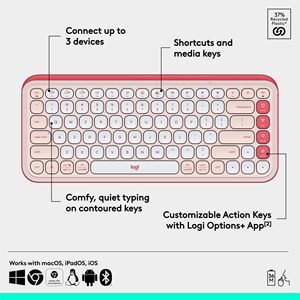 Logitech POP ICON Keys Wireless Bluetooth Rose Keyboard Comfortable Typing <strong>Programmable</strong> Keys up to 3 <strong>Devices</strong>
