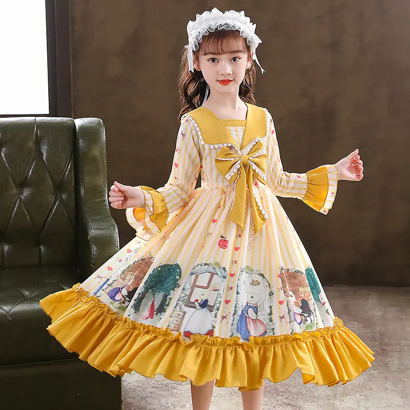 Vestido de princesa de manga larga para fiesta de cumpleaños de niña a la moda en Europa y América