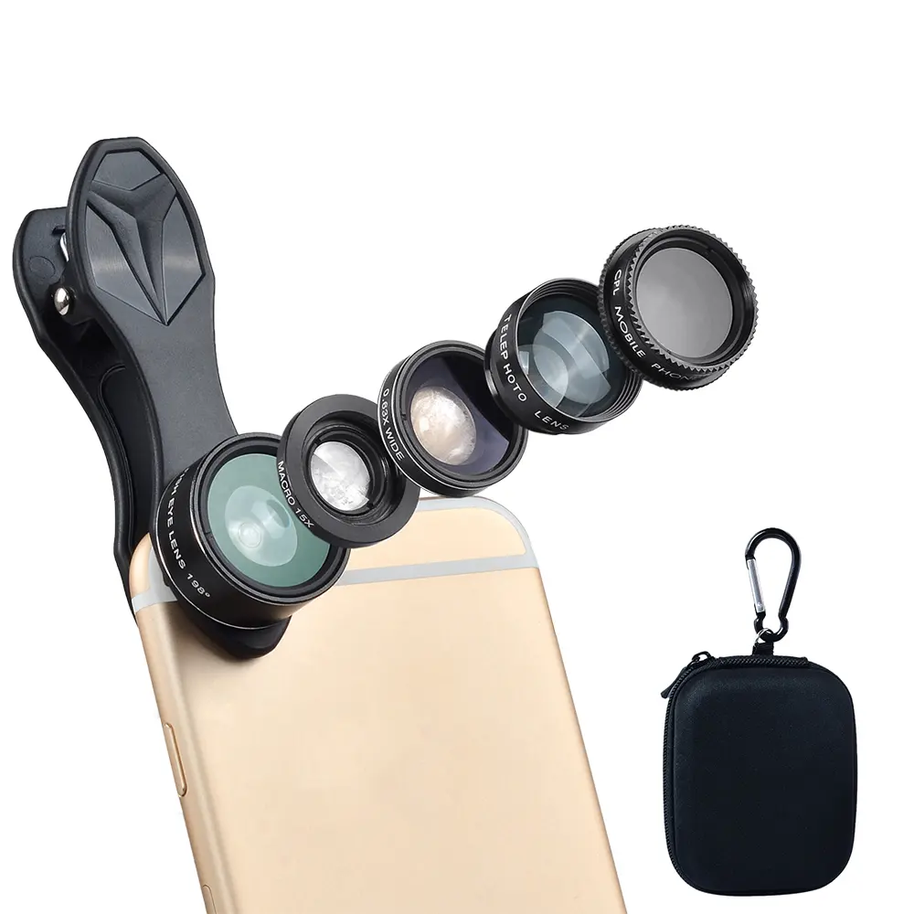Tendenza obiettivo per fotocamera rimovibile nuovo telefono esterno premium fisheye kit obiettivo 5 in 1 per tutti i dispositivi mobili