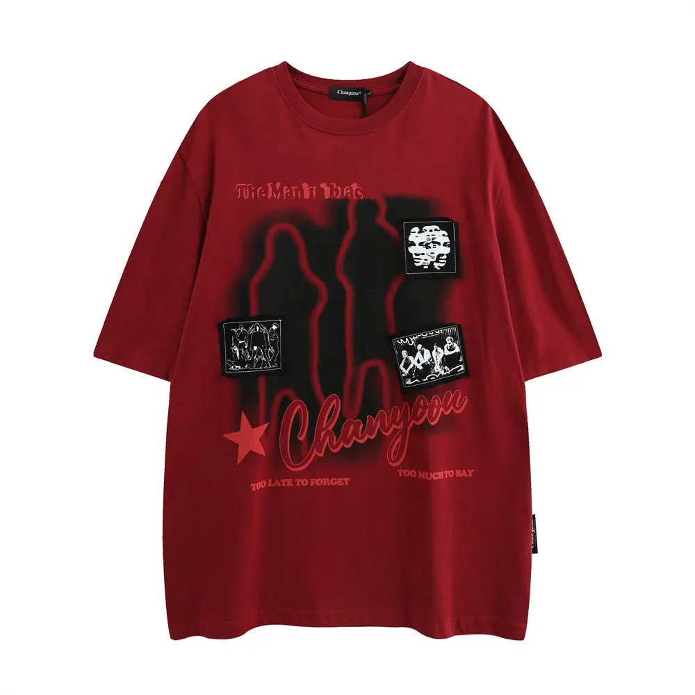 Tecido de algodão vermelho verão dos homens casual impresso manga curta T-shirt solto simples moda marca meia hip hop t shirt top