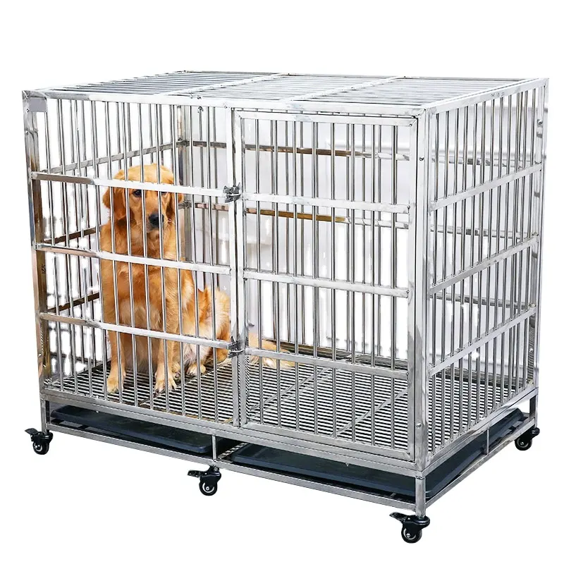 Foldable Strong Stainless Steel Sale black large duo door kennel with aqua blue matts Metal Dog Kennel Large Dog Cage