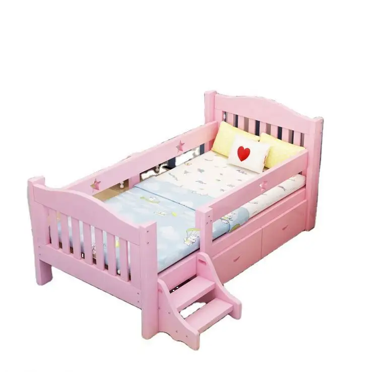 Children's bed with guardrail girl princess bed baby solid wood stitching big bed