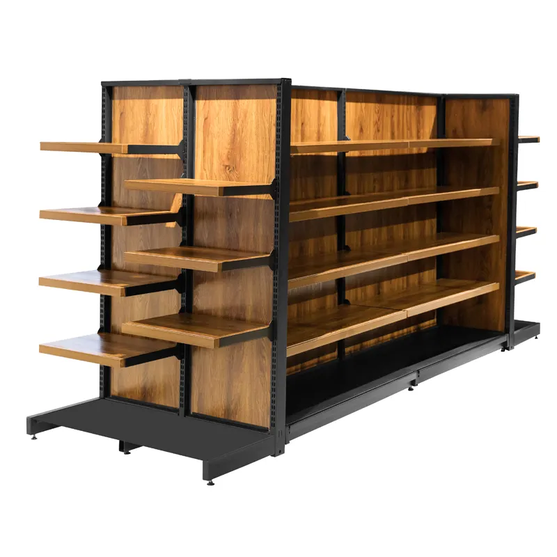 Supermarché, placard en bois en acier inoxydable, présentoir de boutique pour aliments, étagère en bois