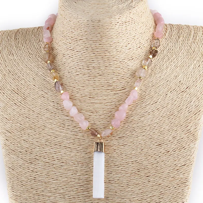 Mode Perhiasan Hadiah Campuran Warna Batu Alam Kerikil Kalung Panjang Persegi Panjang Batu Liontin Kalung Choker