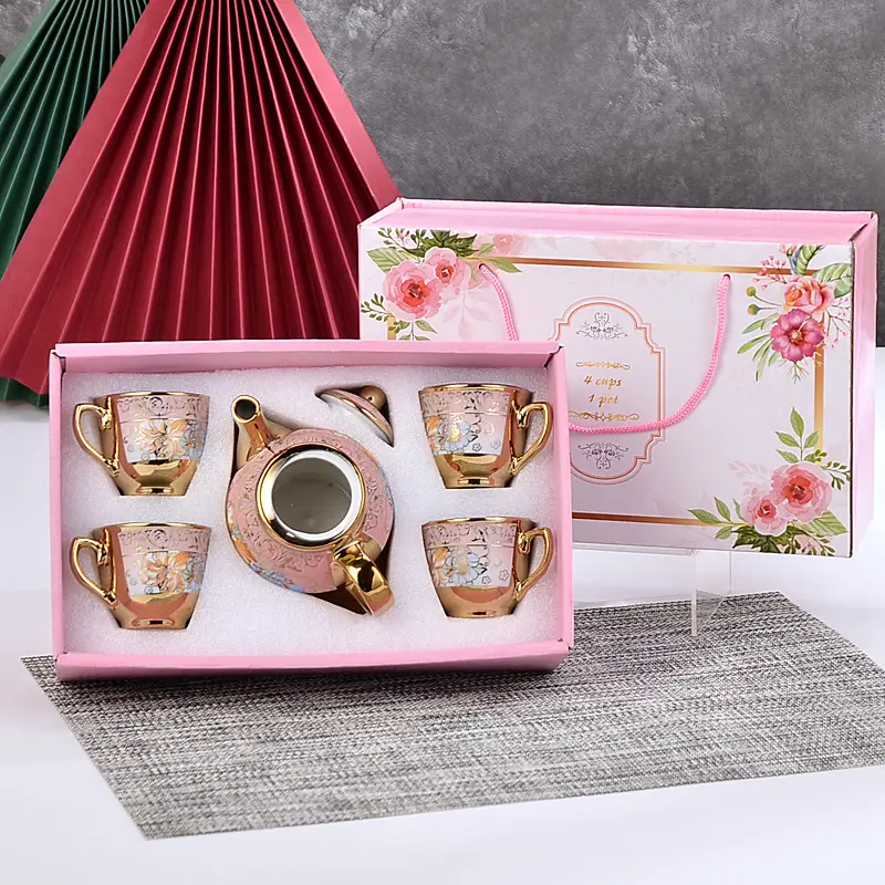 Kustom Set cangkir teh porselen lapis emas, 4 Floral kopi sore dengan 1 teko