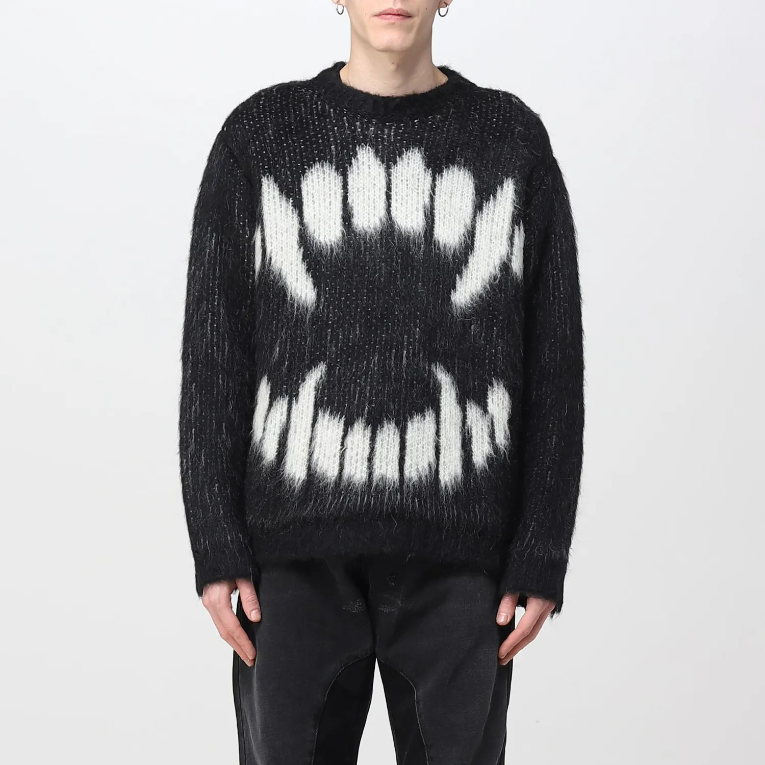 LeBo personalizado hombres moda jacquard patrón Jersey de punto manga larga cepillado peludo alpaca lana mohair suéter