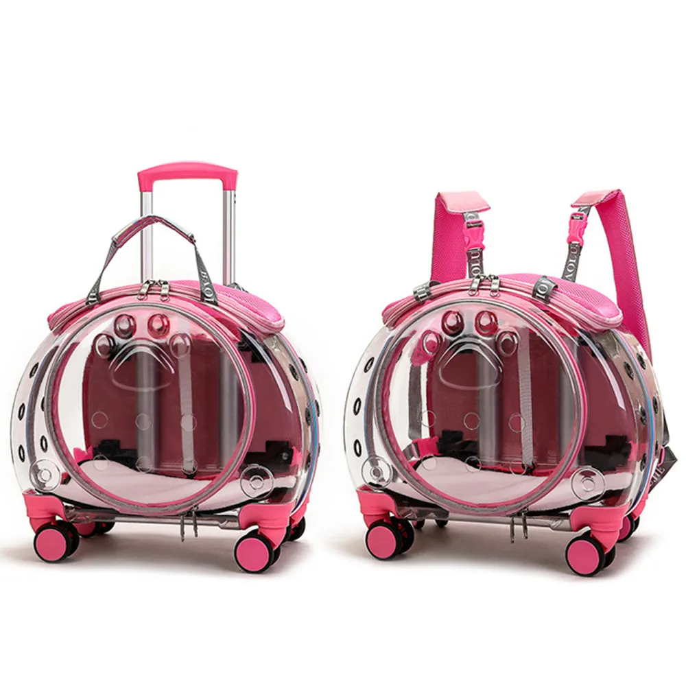 Модный розовый переносной прозрачный рюкзак на колесиках для собак и кошек, переноска для домашних животных
