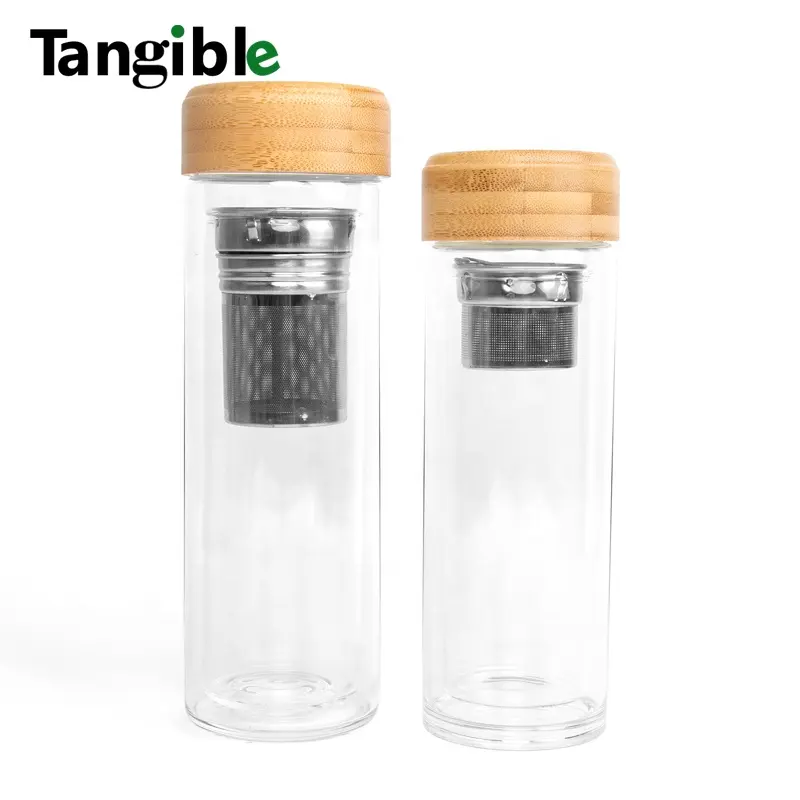 New Arrival 17 oz 500ml bamboo lid High boron glass Transparent insulated cups thermos vacuum flasks vacuum bottle thermos tea