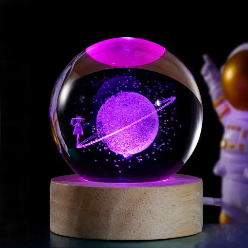 Sfera per incisione in cristallo con sistema solare 3D con colori che cambiano lampada da tavolo a luce notturna a LED per regali di festa o casa