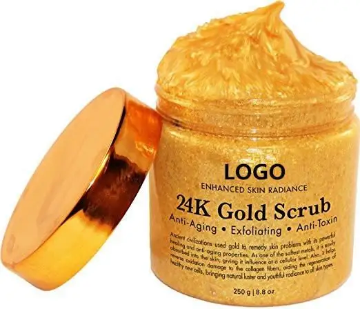 Scrub Badan Anti Penuaan, pabrik kosmetik 100ml OEM terbaik 24K emas pengelupasan wajah