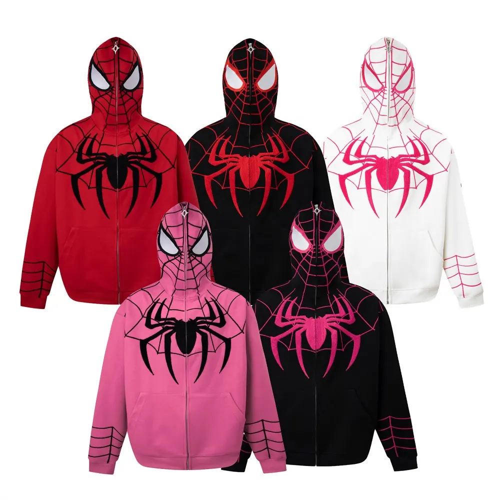 High Street Hoodie ritsleting penuh Spider pria Hoodie ritsleting kustom ukuran besar Hip Hop French Terry dengan diskon besar