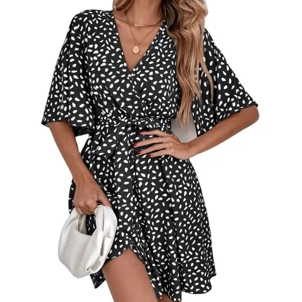 Vestidos de verão para mulheres 2023 Allover Print Butterfly Sleeve Belted Dress V Neck Print Mini Beach Wear Ruffles Dress