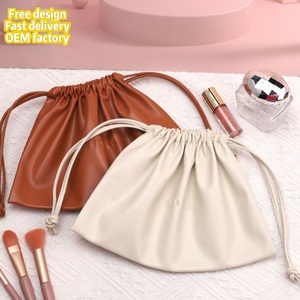 Custom Logo Emboss PU Leather Drawstring Bag for Cosmetic Waterproof Portable Skincare Product Storage Leather Makeup <strong>Pouch</strong> - Product Image 3