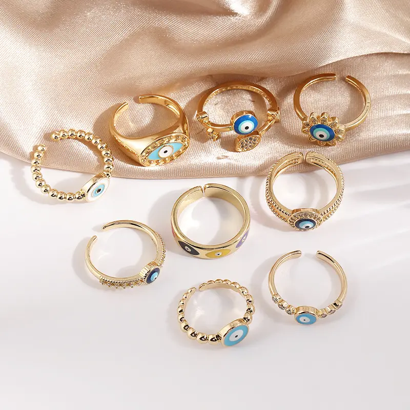 Factory Direct Wholesale Price 14k Gold Plated Devil Eye Rings Rhinestone Crystal Enamel Blue Evils Eyes Rings