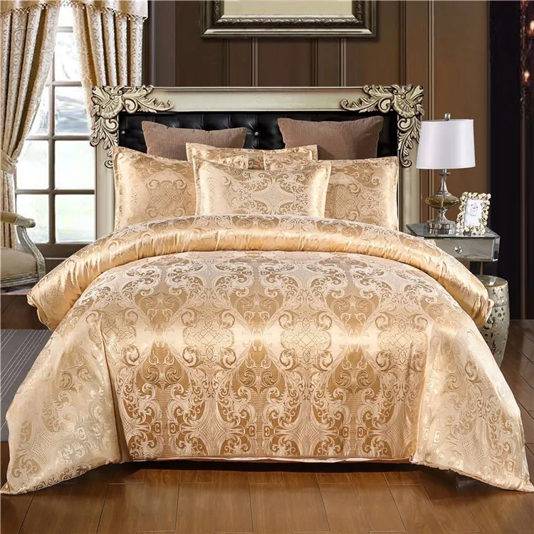 Роскошный жаккардовый Комплект постельного белья золотого цвета в Европейском стиле, оптовая продажа, теплый комплект постельного белья из 3 полиэстера