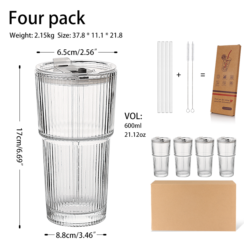 Clear + quatre tasses réglées + paille en verre + couvercle de pp + brosse de paille