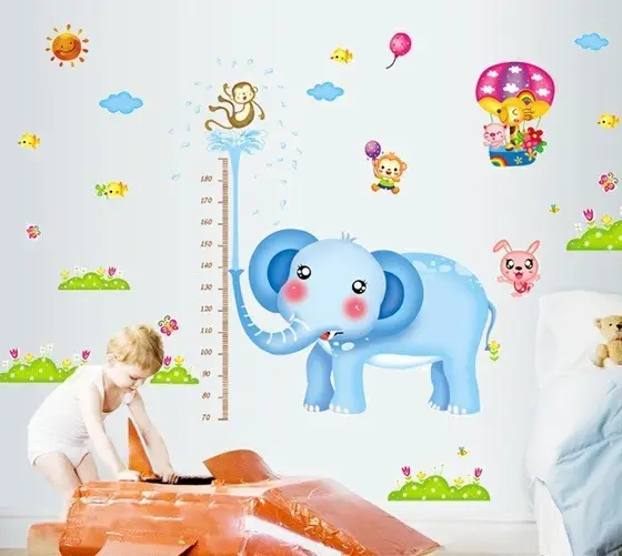 Medidor de altura infantil, gráfico de crescimento, animais de desenho animado, elefante, decalques de parede, adesivos para parede de casa, quarto de bebê