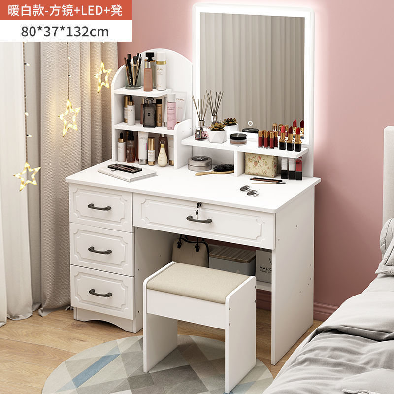 Miroir carré de style européen, tabouret blanc chaud, lampe led-trésor