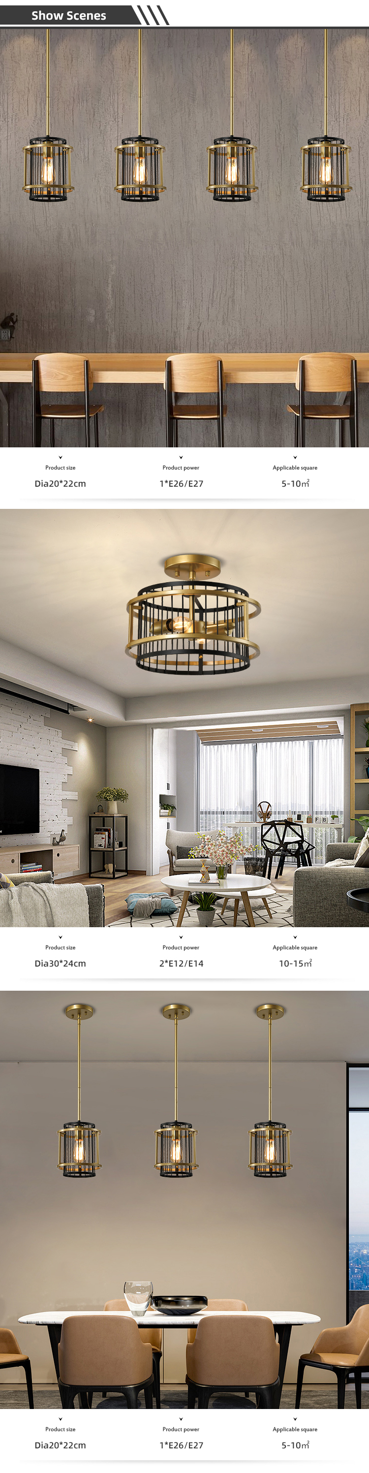 Modern Popular Indoor Decorative 1light 2light E12 E14 Black Gold Iron Ceiling Light