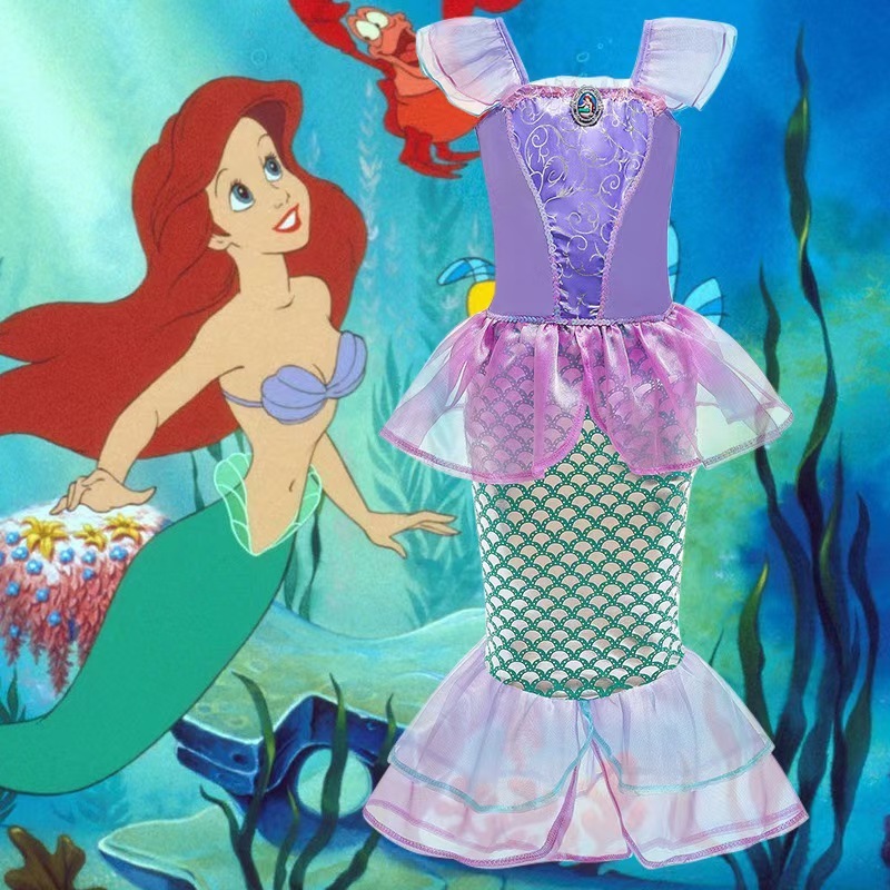 Disfraz de sirena (vestido + varita mágica corona morada + bolso)