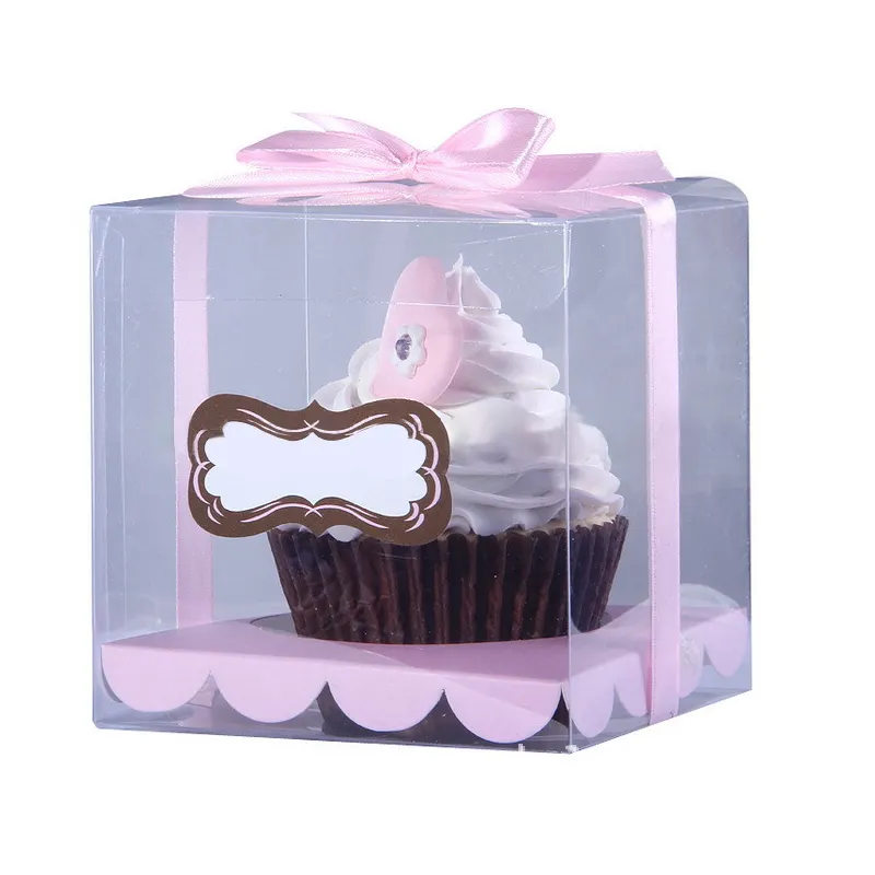 Cupcake DE BODA plegable personalizado, caja de regalo de embalaje de plástico transparente PET con inserción de papel y corbata de cinta