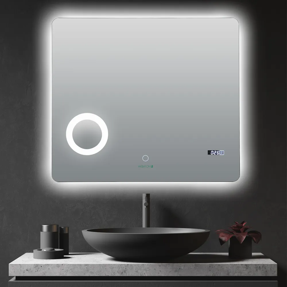 직사각형 디자인 메이크업 LED 미러 터치 스위치 조명 욕실 거울 시계 및 날씨