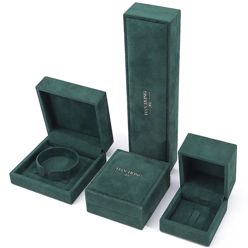 Hanhong joyería de lujo caja de embalaje de plástico puede imprimir logo collar pulsera terciopelo verde joyería anillo caja