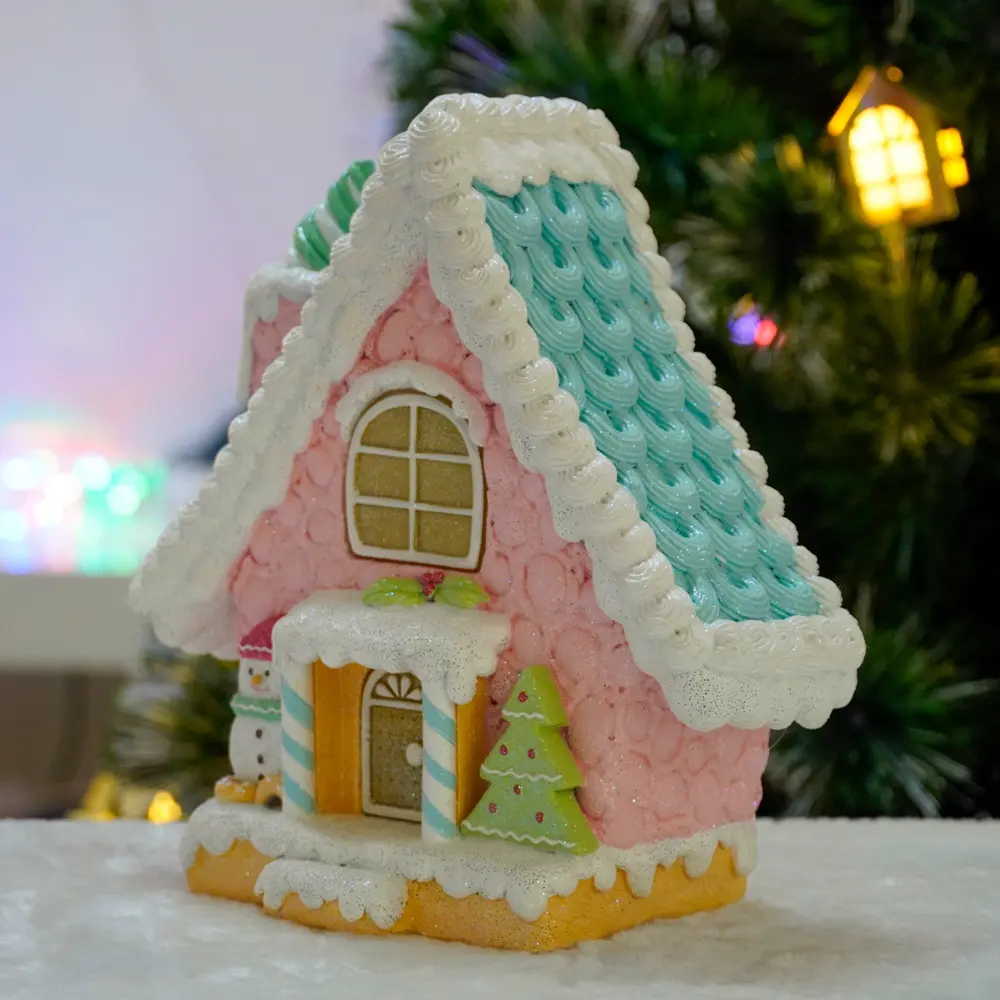 Resina LED artesanal personalizada para artesanato em resina de natal em forma de boneco de neve, estatueta de natal de Gingerbread