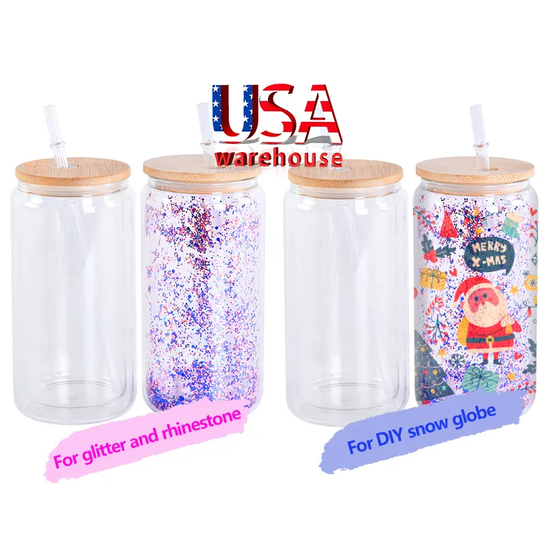 Usa Warehouse 20 Oz 16 Oz Double Paroi Sublimation Snowglobe Glass Clear Soda Beer Can Cup Bocal Avec Couvercle En Bambou Et Paille