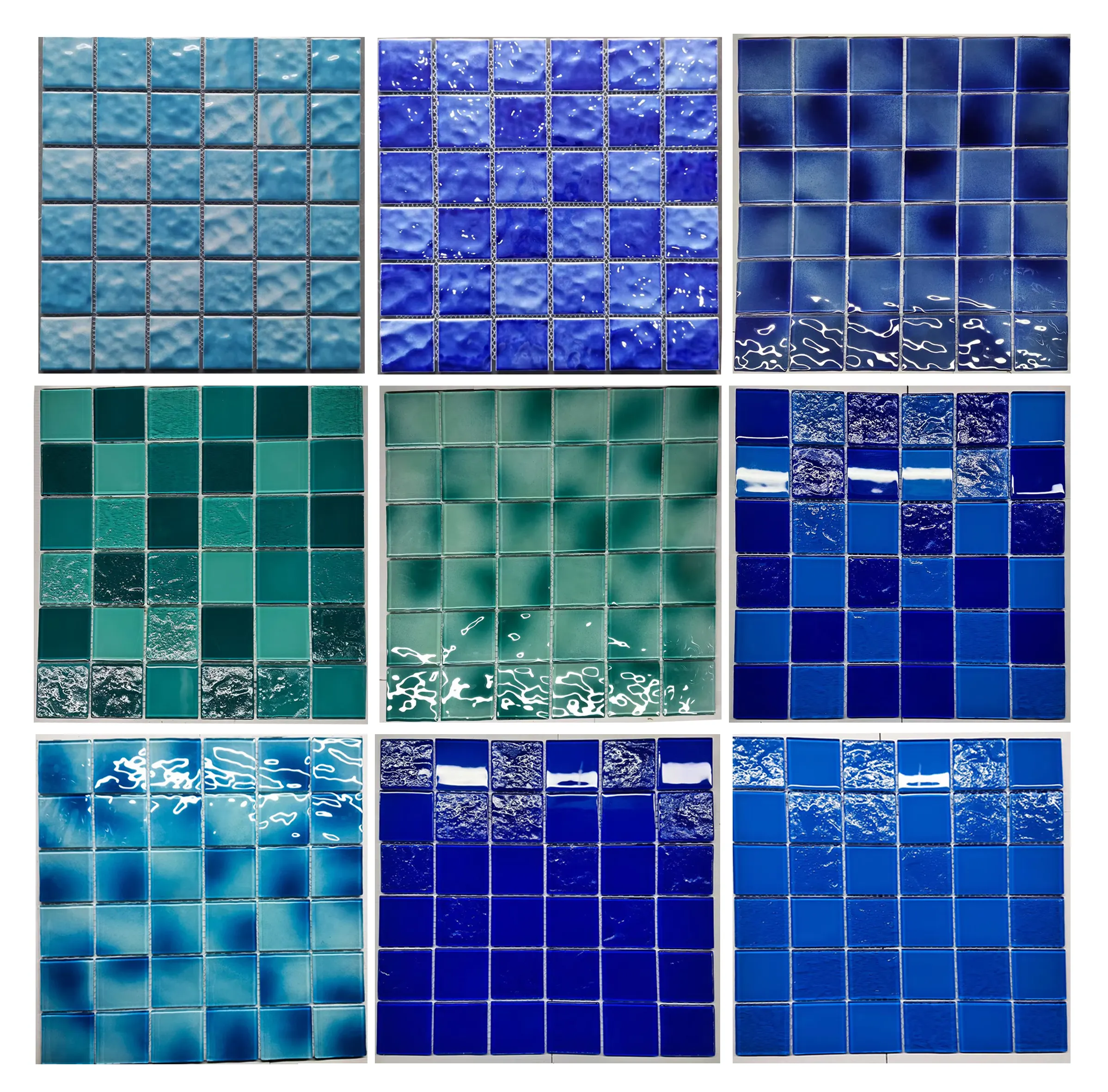 Azulejo de piscina de vidrio de Ola Azul Marino de diseño moderno azulejo de piscina de pared de vidrio brillante texturizado y azulejo de suelo