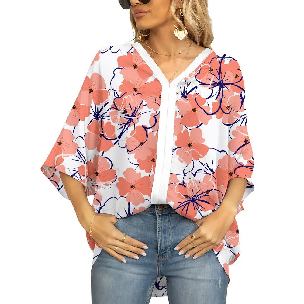 Blusa holgada con cuello de pico para verano, camisa de talla grande con estampado Digital y logotipo