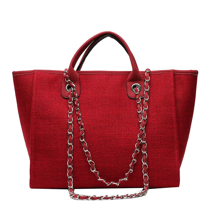 Bolso de hombro de lona con bordado de letras para mujer, bolsa de mano de lona Jumbo de diseñador de lujo con asa de cuero con cadena