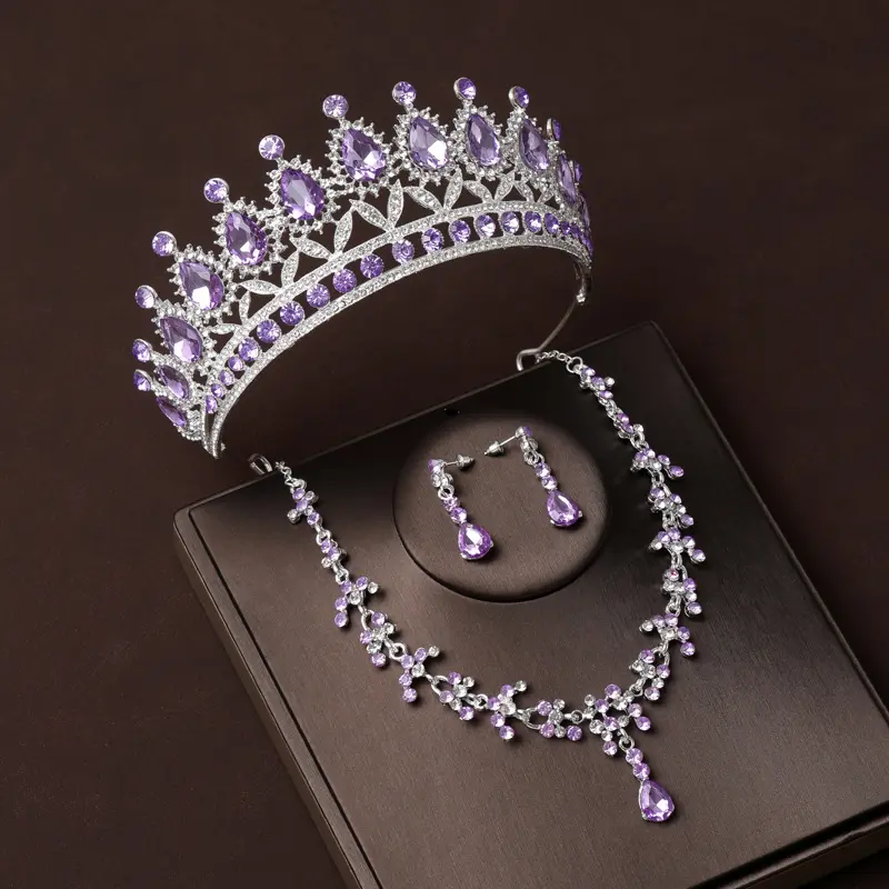 Coroa de noiva retrô europeia e americana, conjunto de três peças luxuosa com diamantes roxos