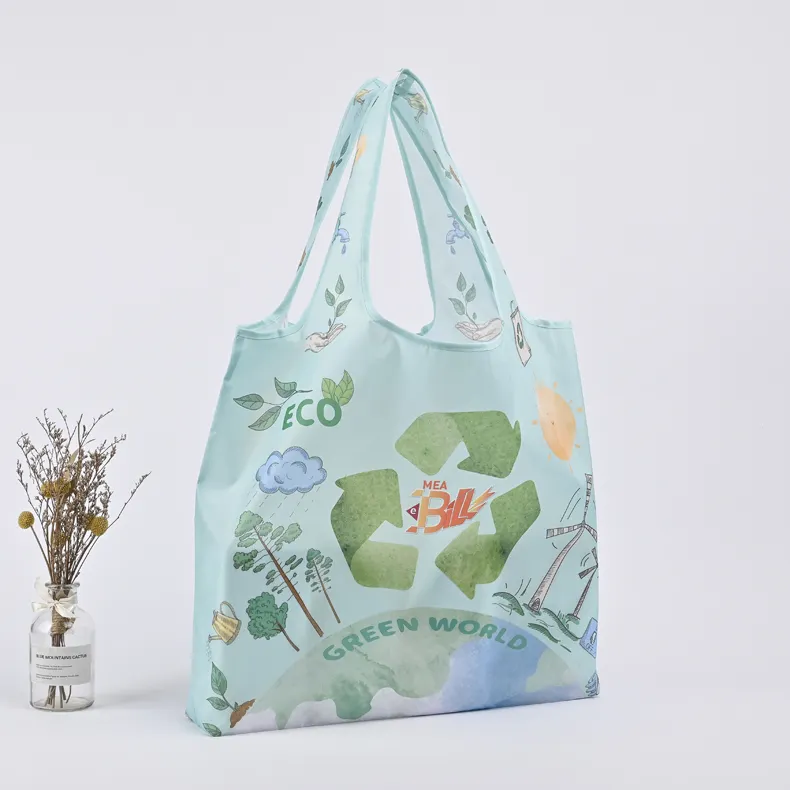 Custom Design Reusable Polyester Portable Foldable Shopping Bag With Small Pouch