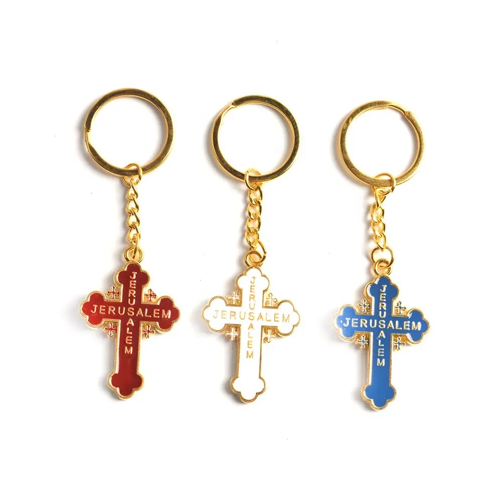 Jerusalem Cross Symbol 50x33mm Gold Color Alloy Charm Keychain Keyring