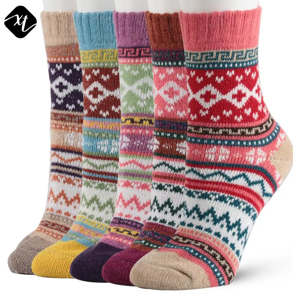 Calcetines de lana gruesa y cálida para mujer, calcetín Vintage Multicolor, 5 unidades