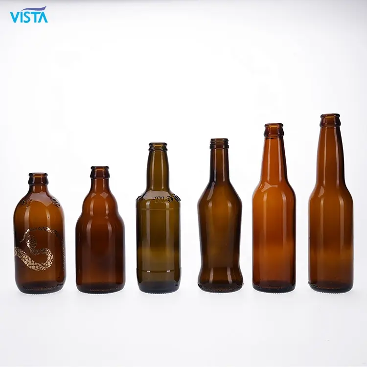 VISTA 275ml 330ml 500ml 600ml 1000ml Hot Sale Beliebte traditionelle bernstein grüne transparente Bierflaschen mit Kronen schaukel