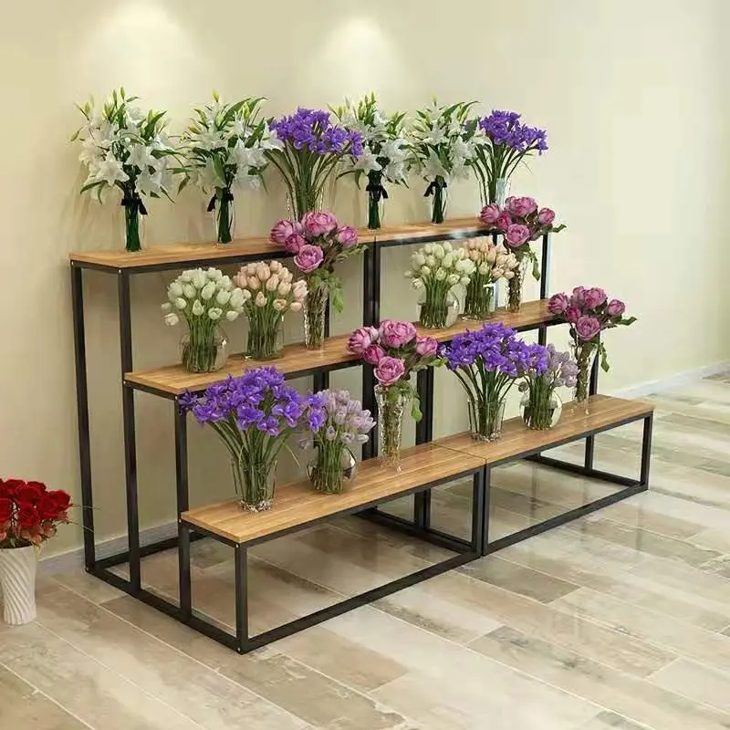 Custom Shop Garden 3 Layer Decorative Artificial Flower Vase Plant Pots Metal Wood Ladder Display Stand Rack