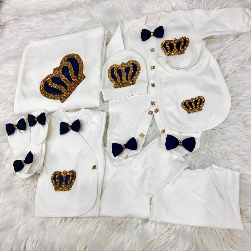 Long Sleeve Bamboo Bubble Wholesale Custom Clothes Organic 10 Pieces Newborn Baby Set And Black Bowtie And Jewel Crown Blanket